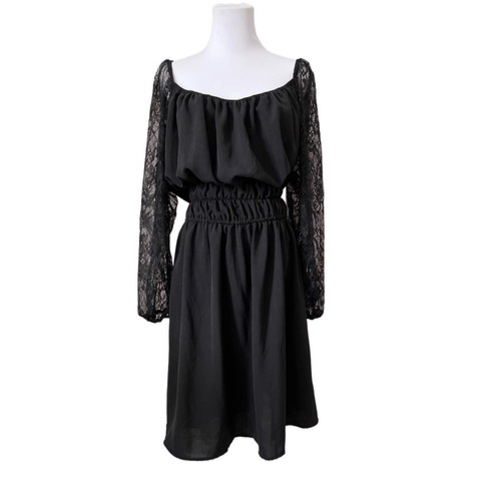 Liberty Love Black Scoop Neck Lace Sleeves Blouson Dressโ Plus Size 3XL NWOT